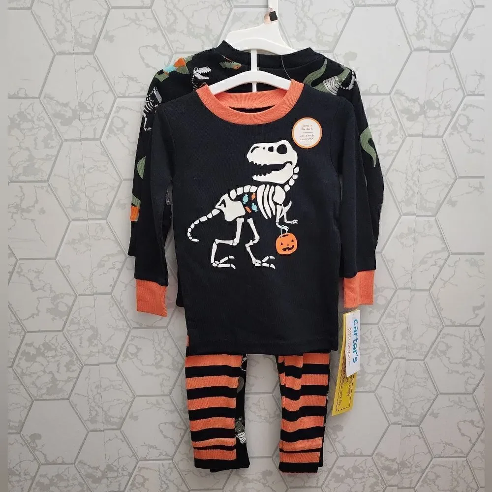 Nwt Boy's Halloween Dinosaur T Rex Skeleton Cotton Pajamas Sets.